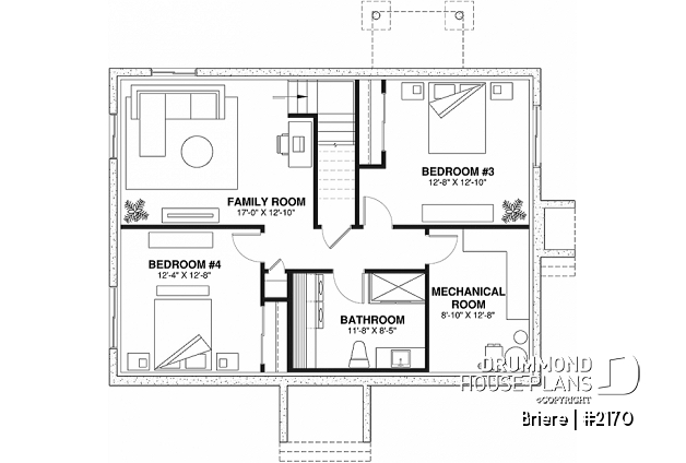 Basement - Affordable bungalow house plan with 2 bedrooms, unfinished daylight basement, kitchen island - Briere