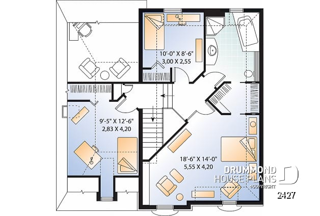 2nd level - 2-storey Victorian house plan, garage, master suite (total 3 beds), game room or den - Versaille 2