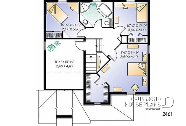 2nd level - English style inspired 2-storey house plan with 3 bedrooms, bonus room, garage - Landry 3