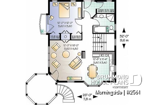 1st level - Victorian house plan, 3 bedrooms, master suite, fireplace, balcony - Morningside