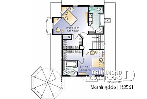 2nd level - Victorian house plan, 3 bedrooms, master suite, fireplace, balcony - Morningside
