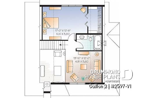 2nd level - Cape Cod style 2 to 3 bedroom cottage plan with 2 living rooms, 9 ft. ceiling on main floor, mezzanine - Gaillon 2