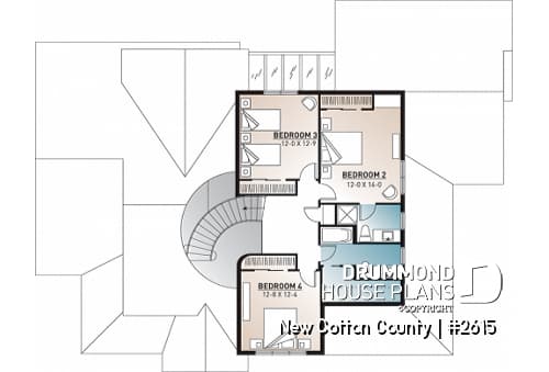 2nd level - 2 master suites house plan, 4 bedrooms. 4 bathrooms, 2-car garage, large family room, formal dining room - New Cotton County