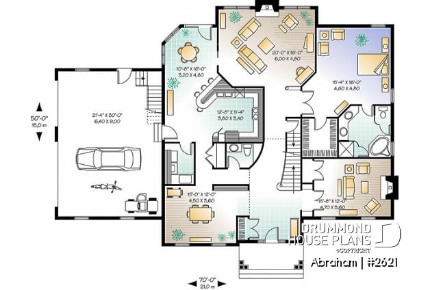 1st level - Big family house plan with 3-car garage, 4 bedrooms, main floor master suite, guest suite, formal dining - Abraham