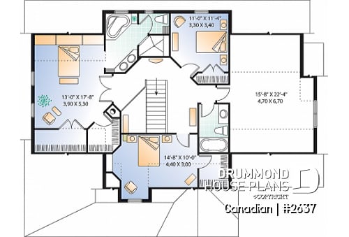 2nd level - 2-story 3 to 4 bedrooms house plan, 2.5 bathrooms, large bonus room, side-load 2-car garage, home office - Canadian