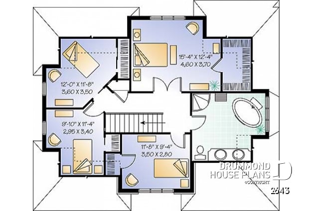 2nd level - House plan with large laundry room, 2-sided fireplace, 4 bedrooms, garage - Casareve