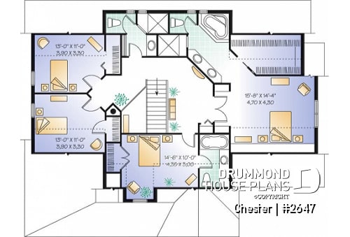 2nd level - Traditional home plan with 3 to 5 bedrooms, a large kitchen with breakfast table, 9' ceiling, home office - Chester