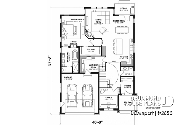 1st level - European luxury house plan, 3 to 4 bedrooms, open stairwell, 2-car garage  - Davenport