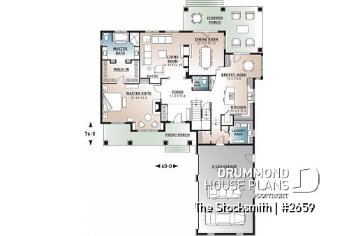 1st level - 4 to 5 beds, 4 bathroom modern farmhouse plan, 3-car garage, master suite w/ fireplace, bonus room, mezzanine - The Stocksmith
