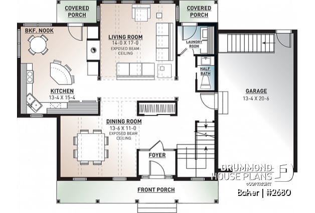 1st level - Beautiful small farmhouse house plan, low-building cost, master suite, garage, breakfast nook - Baker
