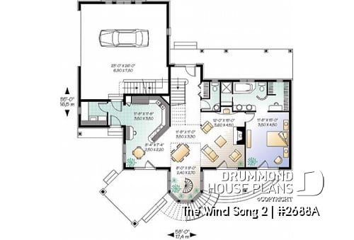 1st level - 3 to 4 bedroom house plan with panoramic views, large bonus room, 2-car garage side-load - The Wind Song 2