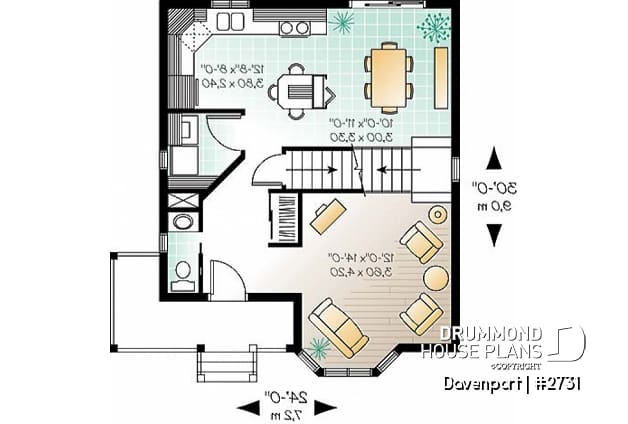 1st level - Victorian inspired cottage plan, 3 bedrooms, abundant fenestration, shutters, open space - Davenport
