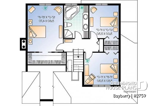 2nd level - Charming 3 bedroom country cottage plan with nice master bedroom, den and  fireplace - Bayberry