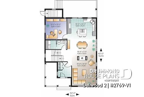 1st level - Budget-friendly Tudor house plan, large master suite, total 3 beds + home office, fireplace, laundry room - Dellwood 2