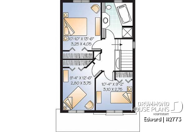 2nd level - Narrow lot house plan with 3 bedrooms and home office, laundry on first floor - Edward