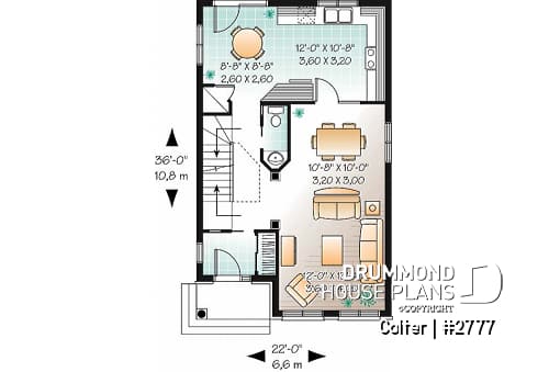 1st level - Narrow lot 3 bedroom low-budget house plan with breakfast nook, open concept dining and living room - Colter