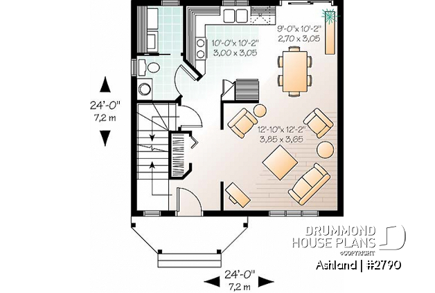 1st level - 3 bedroom cottage house plan, laundry room on main floor, low-budget construction - Ashland