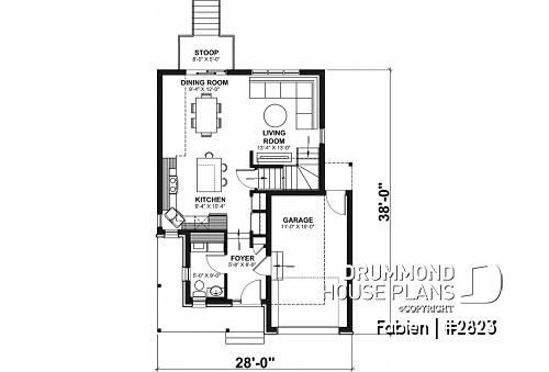 1st level - 3 bedroom economical 2-story house plan with garage, narrow lot, large kitchen, laundry on main floor - Fabien