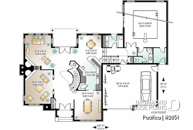 1st level - Large 4 bedroom house plans with indoor pool, 2-car garage with bonus space above, fireplaces, pantry - Pacifica