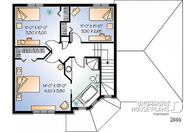 2nd level - 3 bedroom house plan with garage, laundry room on main floor - Cupola