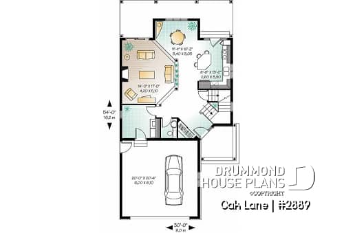 1st level - Narrow lot Traditional 3 to 4 bedroom home plan with 2-car garage, breakfast nook, sunken living room - Oak Lane