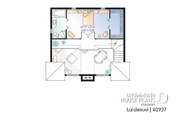 2nd level - One bedroom A-frame cabin plan, lots of  lights, fireplace, mezzanine, large master suite, unfinished basement - Larchmont