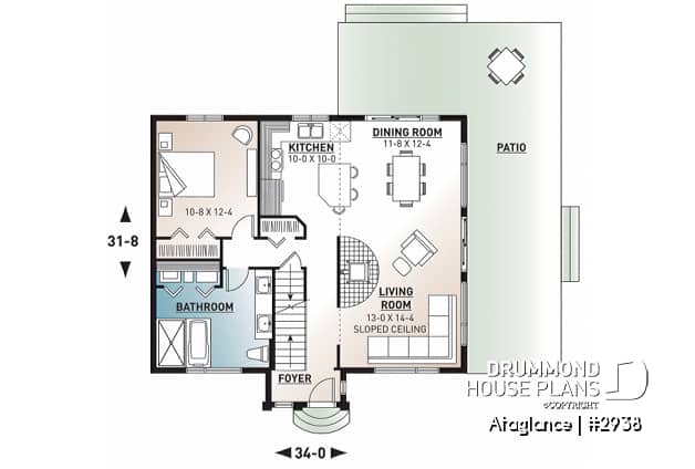 1st level - Simple 3 bedrooms vacation style cottage house plan, lots of natural light, fireplace, mezzanine, cathedral - Ataglance