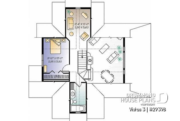 2nd level - Country cottage house plan, economical, walkout basement, large terrace, master on main - Vistas 3