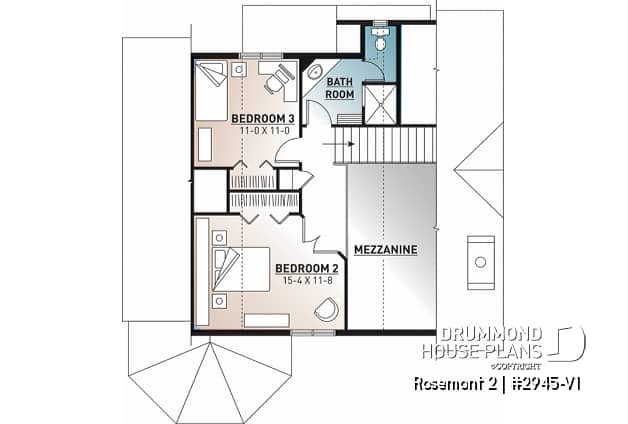 2nd level - Charming 3 bedroom cottage house plan, 2 bathrooms, mezzanine, unfinished walkout basement - Sunburst 5