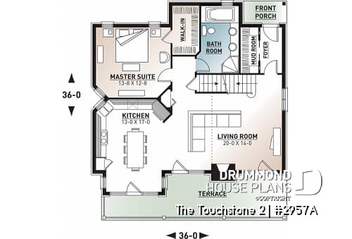 1st level - Modern rustic lakefront cottage house plan ( ski chalet ), cathedral ceiling, master suite on main floor, mezz - The Touchstone 2