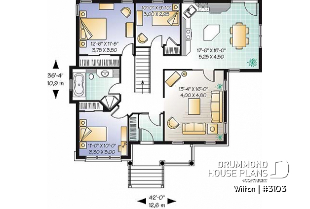 1st level - Country ranch style 3 bedroom house plan with 9' ceilings and covered porch - Wilton