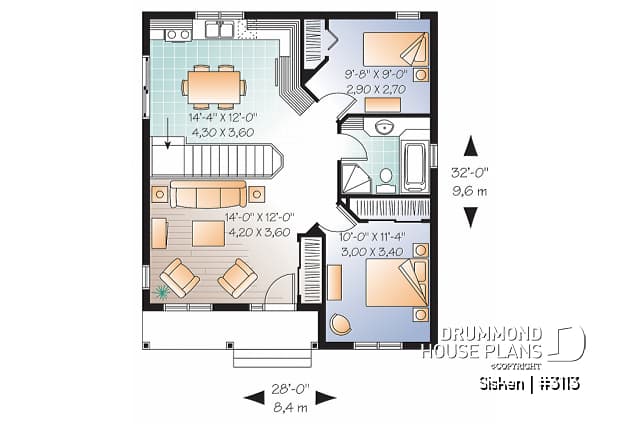 1st level - Economical 2 bedroom modern rustic bungalow house plan, covered front porch, unfinished basement - Sisken