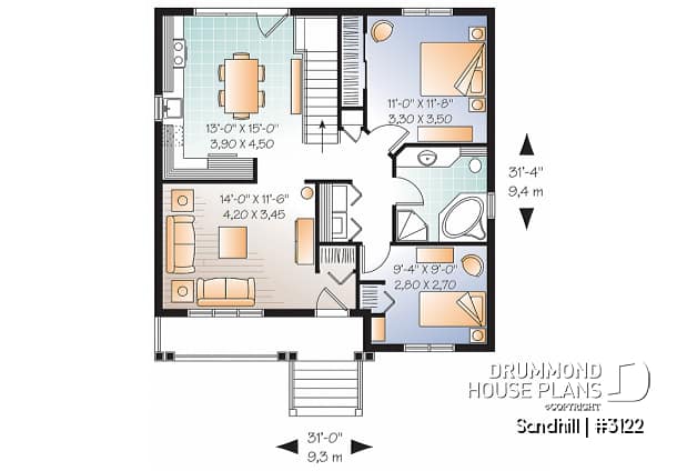 1st level - Affordable 2 bedroom transitional style bungalow house plan with full basement and veranda - Sandhill