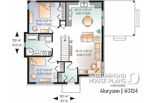 1st level - Economical 2 bedroom Bungalow home plan with covered terrace, laundry on main floor and 9' ceiling - Maryann