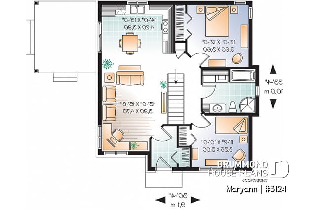 1st level - Economical 2 bedroom Bungalow home plan with covered terrace, laundry on main floor and 9' ceiling - Maryann