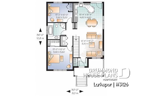 1st level - Affordable 2 bedroom American style bungalow house plan, entrance foyer, open floorplan, low construction cost - Larkspur