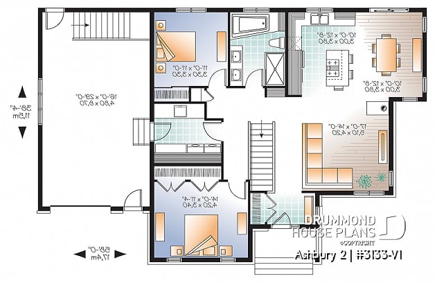 1st level - Country ranch house plan, 2 bedrooms, laundry room, one-car garage, full unfinished basement, fireplace - Ashbury 2