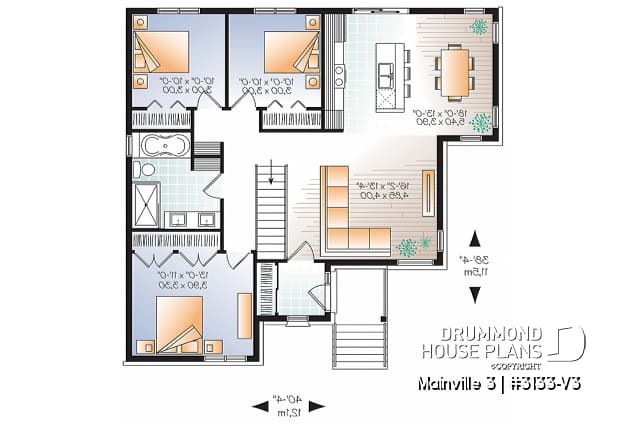 1st level - 3 bedroom Modern home plan with kitchen island and open floor plan concept, unfinished basement - Mainville 3