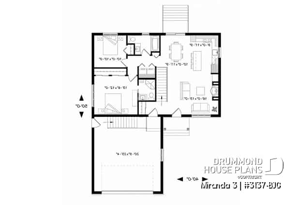 1st level - Affordable modern rustic ranch bungalow, 2-car garage, master suite with private shower, open floor concept - Miranda 3