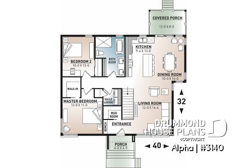 1st level - Small 2 bedroom Modern Mid-Century house plan, open space, laundry on main, mud room, built-ins - Alpha