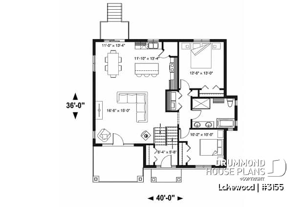 1st level - Rustic bungalow home design with front covered balcony, wood stove fireplace, open concept & appealing design - Lakewood