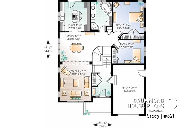 1st level - Small, comfortabe & affordable bungalow house plan, garage, for narrow lot, 2 bedrooms, open plan, 11' ceiling - Stacy