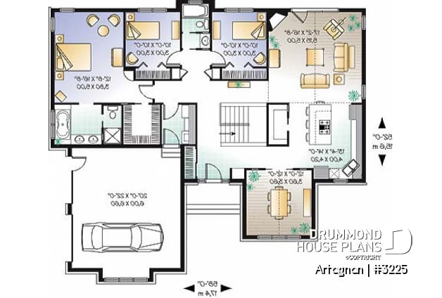 1st level - Affordable ranch house plan, 2-car garage, remarkable master suite, 3 bedrooms, 12' ceilings, amazing kitchen - Artagnan