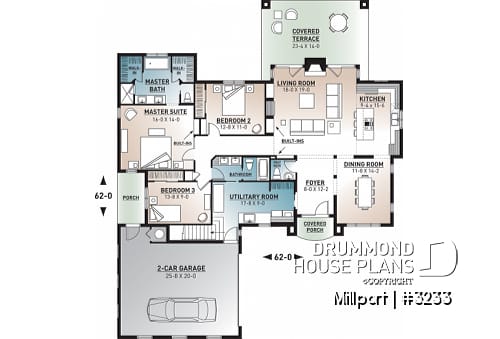 1st level - 3 bedroom ranch style house plan, 2-car garage, formal dining room, large laundry room, fireplace, deck - Millport