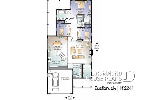 1st level - Perfect 3 bedrooms, 2 bathrooms bungalow house plan with a 2-car garage, for a narrow lot - Eastbrook