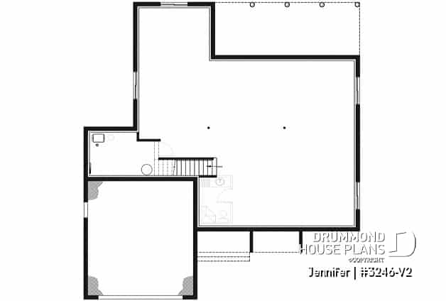 Basement - One-storey ranch house plan with 2-car garage, large kitchen with island and open to living room and backyard - Jennifer