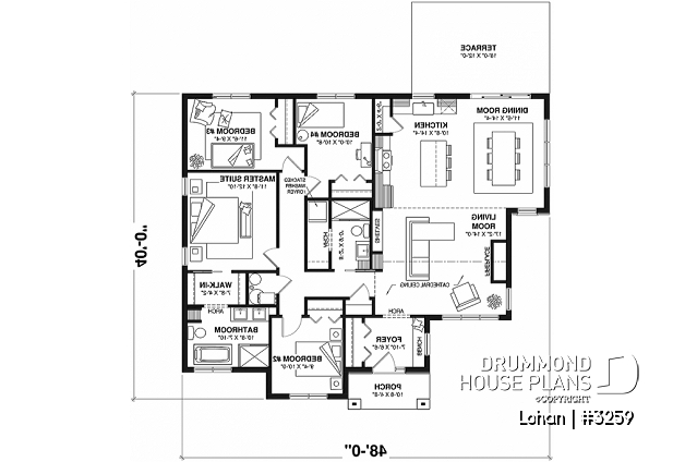 1st level - Single level house plan with 4 bedrooms, 2 bathrooms, kitchen with small pantry and master suite - Lohan