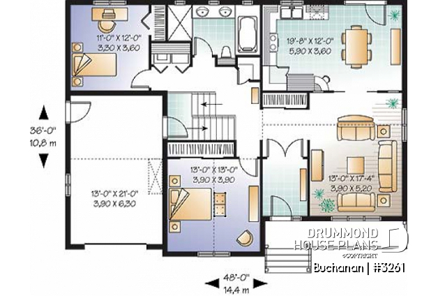 1st level - Ranch style 2 bedroom bungalow home plan, one-car garage (with storage), kitchen with pantry and planning desk - Buchanan