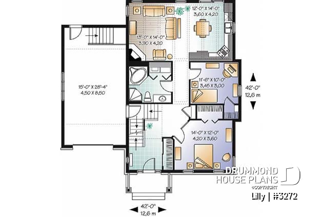 1st level - Single storey 2 to 3 bedroom Cape Cod house plan with garage, open concept, bonus room, fireplace - Lilly