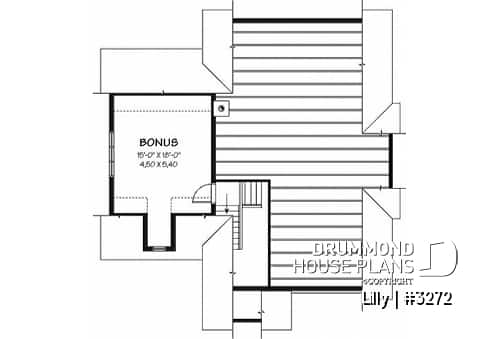 Bonus space - Single storey 2 to 3 bedroom Cape Cod house plan with garage, open concept, bonus room, fireplace - Lilly
